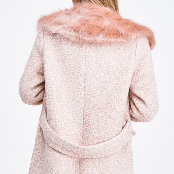 Pink Faux Fur Collar Wool Blend Single Breast Coat - Picture 6 of 10